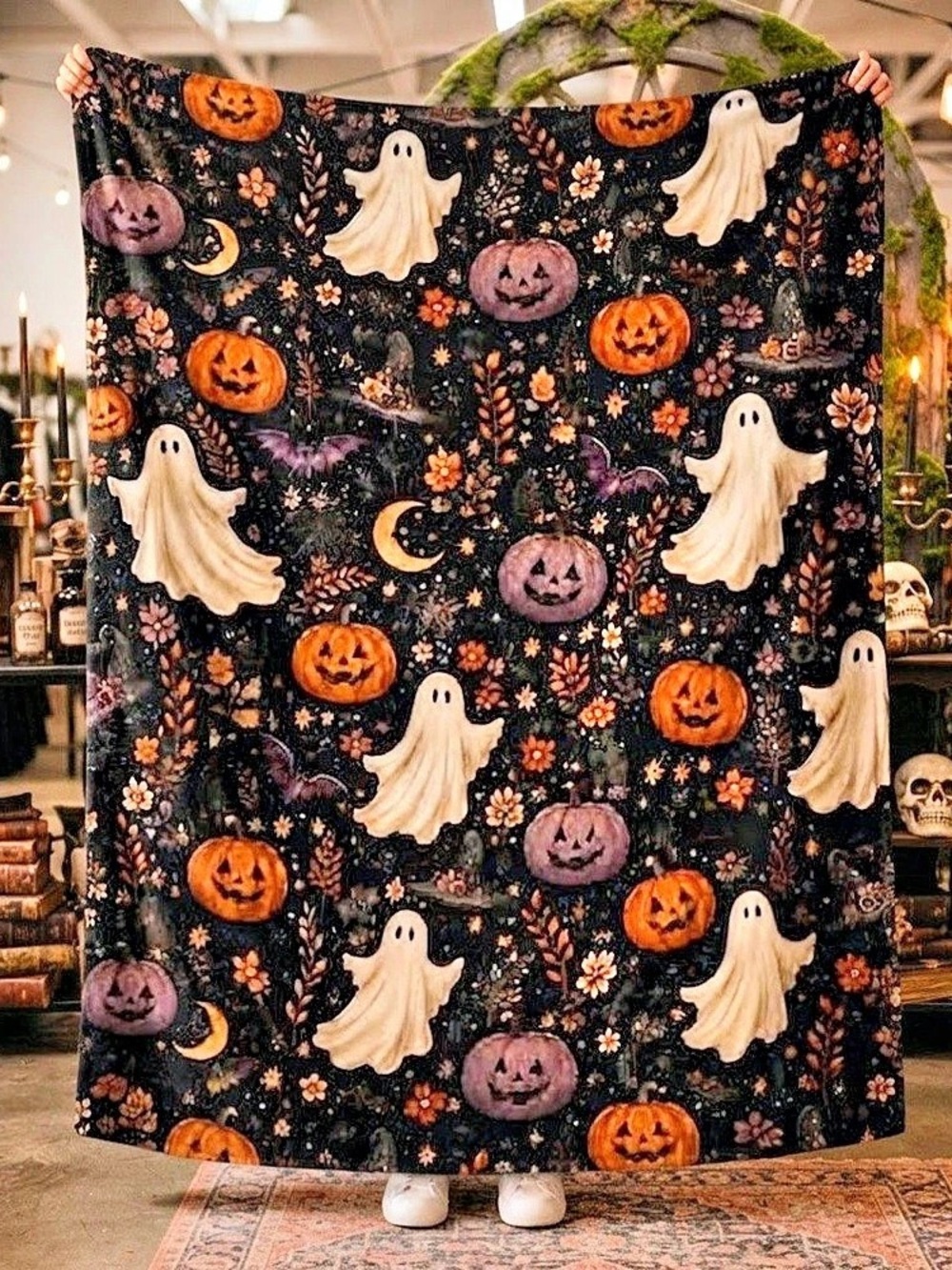 Spooky Halloween Ghost Pumpkin Fall Autumn Sherpa Velveteen Blanket